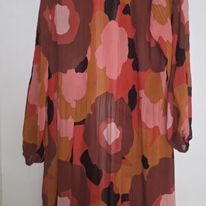 DR2 Long Sleeve Dress with Red, Pink, and Brown Floral Pattern